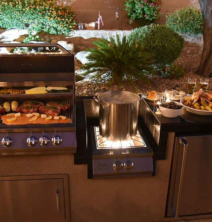 KoKoMo BBQ Island - 7'6" Outdoor Kitchen with 4 - Burner Grill, Wok Burner & Refrigerator - Outdoor Kitchen | Patioza
