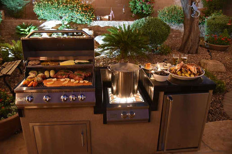 KoKoMo BBQ Island - 7'6" Outdoor Kitchen with 4 - Burner Grill, Wok Burner & Refrigerator - Outdoor Kitchen | Patioza