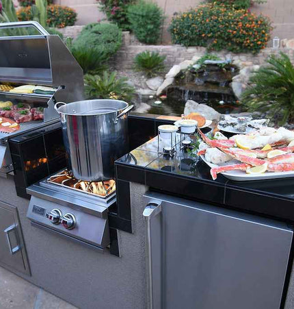 KoKoMo BBQ Island - 7'6" Outdoor Kitchen with 4 - Burner Grill, Wok Burner & Refrigerator - Outdoor Kitchen | Patioza
