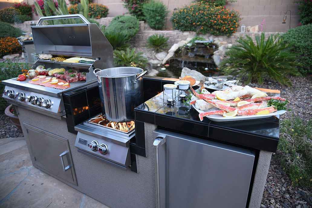 KoKoMo BBQ Island - 7'6" Outdoor Kitchen with 4 - Burner Grill, Wok Burner & Refrigerator - Outdoor Kitchen | Patioza