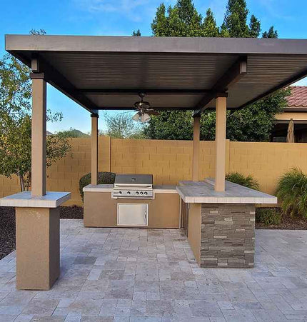 KoKoMo Outdoor Kitchen BBQ Island with 12' x 12' Pergola – Built - In 4 - Burner Grill, Refrigerator, and Lighting - Outdoor Kitchen | Patioza