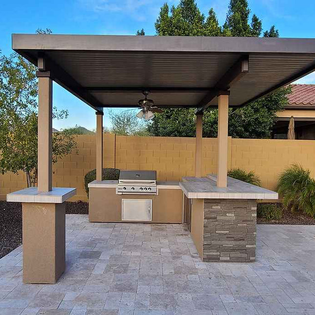 KoKoMo Outdoor Kitchen BBQ Island with 12' x 12' Pergola – Built - In 4 - Burner Grill, Refrigerator, and Lighting - Outdoor Kitchen | Patioza