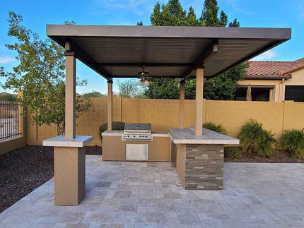 KoKoMo Outdoor Kitchen BBQ Island with 12' x 12' Pergola – Built - In 4 - Burner Grill, Refrigerator, and Lighting - Outdoor Kitchen | Patioza