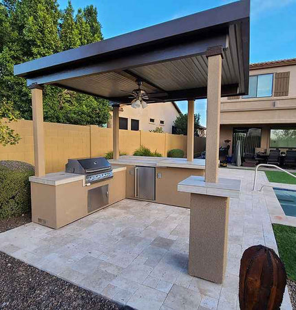 KoKoMo Outdoor Kitchen BBQ Island with 12' x 12' Pergola – Built - In 4 - Burner Grill, Refrigerator, and Lighting - Outdoor Kitchen | Patioza