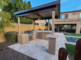 KoKoMo Outdoor Kitchen BBQ Island with 12' x 12' Pergola – Built - In 4 - Burner Grill, Refrigerator, and Lighting - Outdoor Kitchen | Patioza