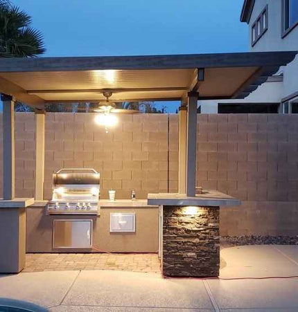 KoKoMo Outdoor Kitchen BBQ Island with 12' x 12' Pergola – Built - In 4 - Burner Grill, Refrigerator, and Lighting - Outdoor Kitchen | Patioza