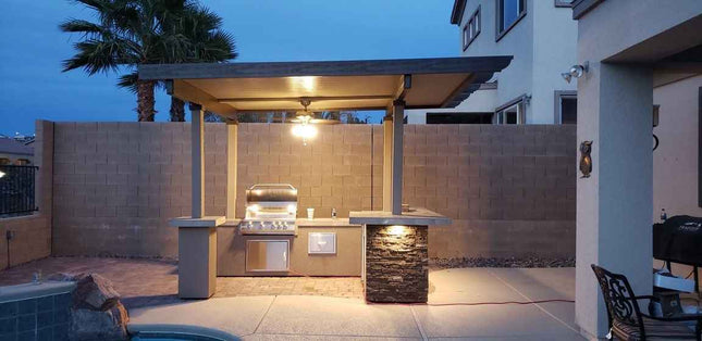 KoKoMo Outdoor Kitchen BBQ Island with 12' x 12' Pergola – Built - In 4 - Burner Grill, Refrigerator, and Lighting - Outdoor Kitchen | Patioza
