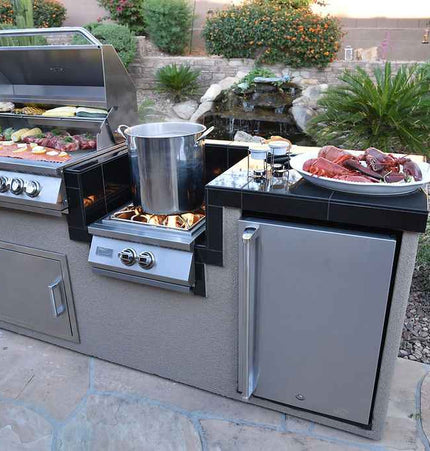 KoKoMo BBQ Island - 7'6" Outdoor Kitchen with 4 - Burner Grill, Wok Burner & Refrigerator - Outdoor Kitchen | Patioza