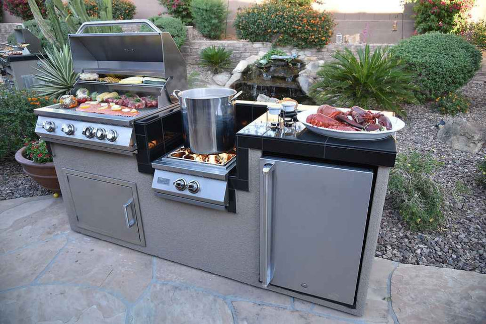 KoKoMo BBQ Island - 7'6" Outdoor Kitchen with 4 - Burner Grill, Wok Burner & Refrigerator - Outdoor Kitchen | Patioza