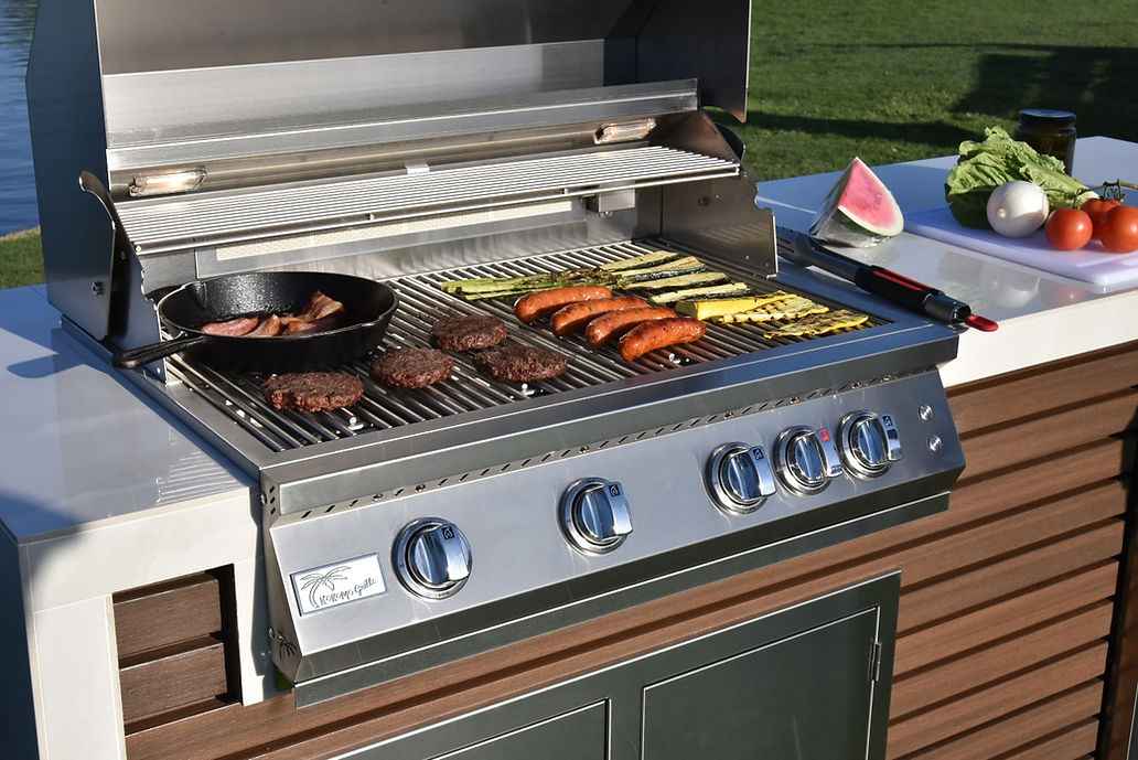 KoKoMo Outdoor Kitchen Island with Waterfall Edge – 32” Built - In Grill - Outdoor Kitchen | Patioza