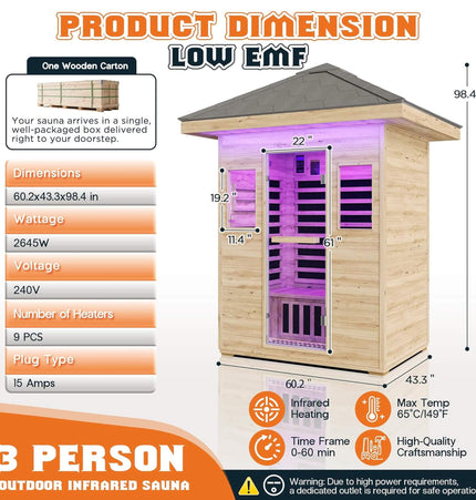 Thermora Zurich 3 - Person Low EMF Spruce Wood Outdoor Infrared Sauna With Bluetooth Speakers And LED Lights (SAK59047) - Outdoor Saunas | Patioza
