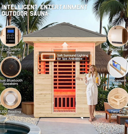 Thermora Zurich 3 - Person Low EMF Spruce Wood Outdoor Infrared Sauna With Bluetooth Speakers And LED Lights (SAK59047) - Outdoor Saunas | Patioza