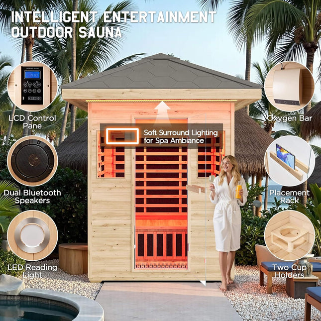 Thermora Zurich 3 - Person Low EMF Spruce Wood Outdoor Infrared Sauna With Bluetooth Speakers And LED Lights (SAK59047) - Outdoor Saunas | Patioza