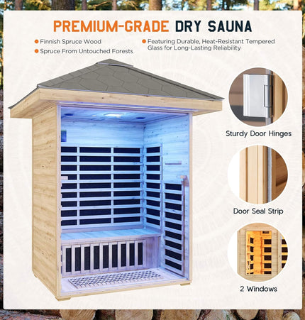 Thermora Zurich 3 - Person Low EMF Spruce Wood Outdoor Infrared Sauna With Bluetooth Speakers And LED Lights (SAK59047) - Outdoor Saunas | Patioza