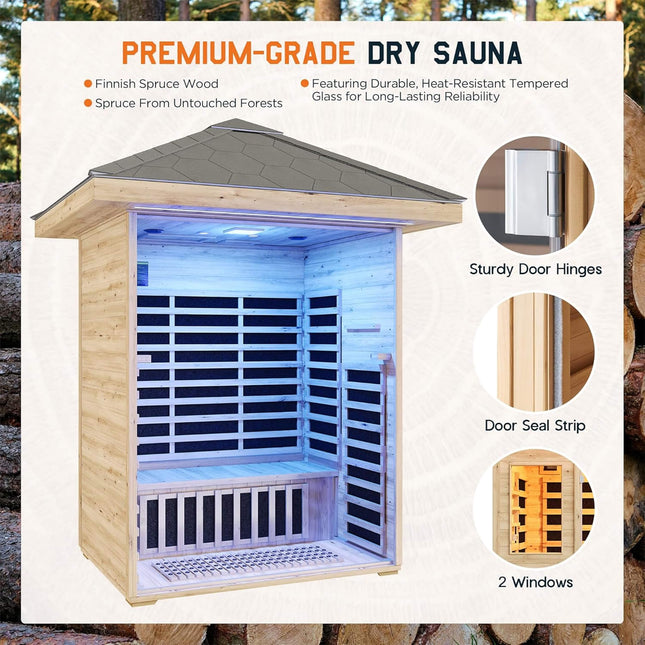 Thermora Zurich 3 - Person Low EMF Spruce Wood Outdoor Infrared Sauna With Bluetooth Speakers And LED Lights (SAK59047) - Outdoor Saunas | Patioza