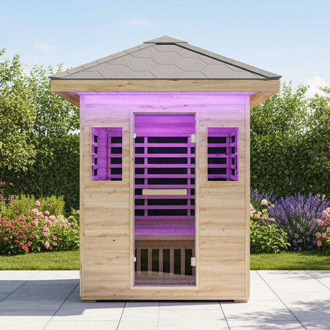 Thermora Zurich 3 - Person Low EMF Spruce Wood Outdoor Infrared Sauna With Bluetooth Speakers And LED Lights (SAK59047) - Outdoor Saunas | Patioza