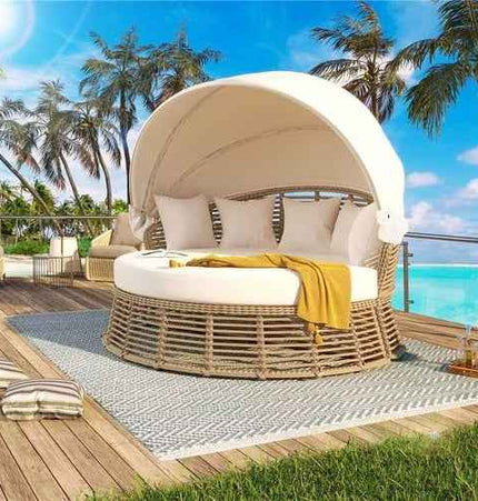 Outdoor Patio Rattan Round Daybed with Retractable Canopy, Wicker - Furniture | Patioza