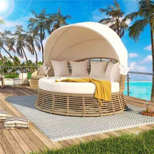 Outdoor Patio Rattan Round Daybed with Retractable Canopy, Wicker - Furniture | Patioza