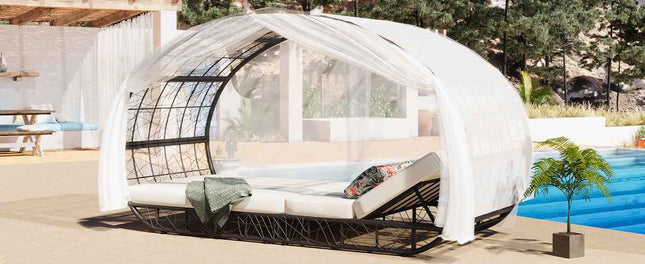 90.55" Outdoor Patio Daybed with Curtain, Sunbed with Cushion and - Furniture | Patioza