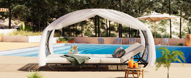 90.55" Outdoor Patio Daybed with Curtain, Sunbed with Cushion and - Furniture | Patioza