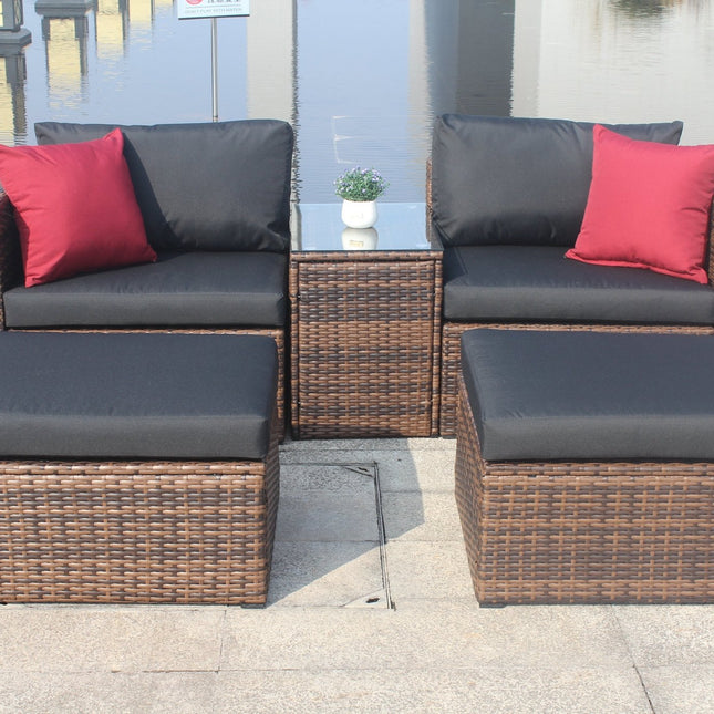 5 Pieces Outdoor Patio Garden Brown Wicker Sectional Conversation Sofa Set - Patio Furniture | Patioza