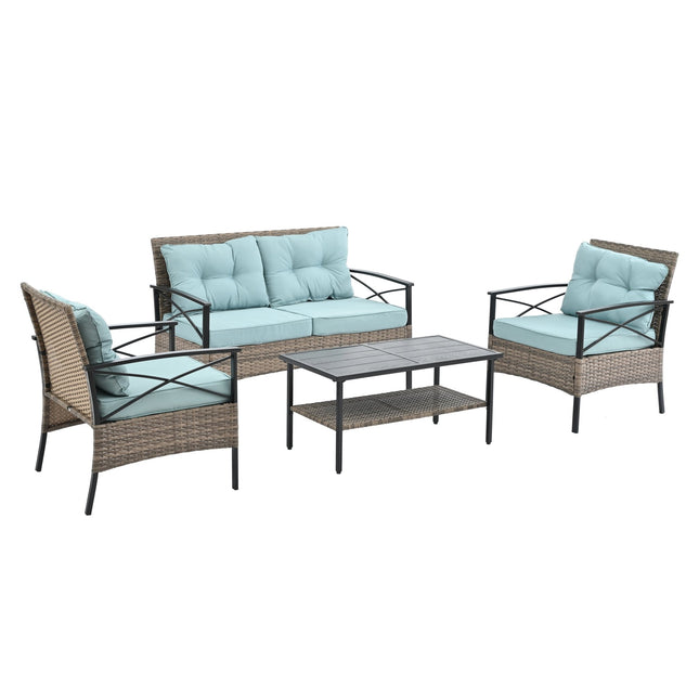 Patio Furniture, Outdoor Furniture, Seasonal PE Wicker Furniture, Four Set Wicker Furniture With Black Metal Table - Patio Furniture | Patioza