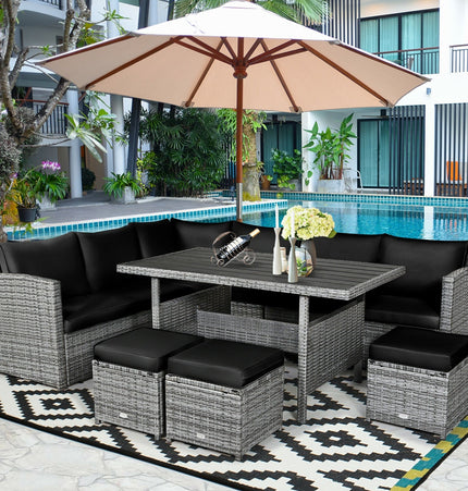 7 Pieces Patio Rattan Dining Furniture Sectional Sofa Set with Wicker Ottoman - Black - Patio Furniture | Patioza