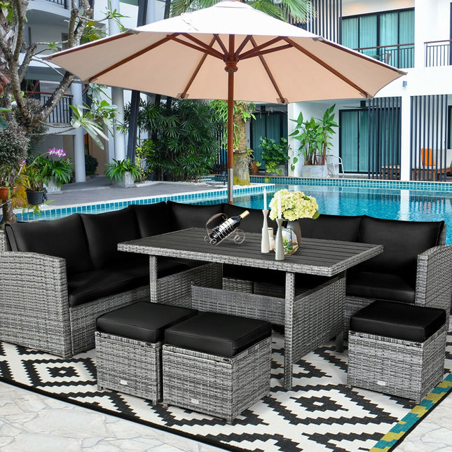 7 Pieces Patio Rattan Dining Furniture Sectional Sofa Set with Wicker Ottoman - Black - Patio Furniture | Patioza
