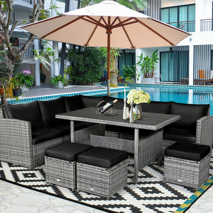 7 Pieces Patio Rattan Dining Furniture Sectional Sofa Set with Wicker Ottoman - Black - Patio Furniture | Patioza