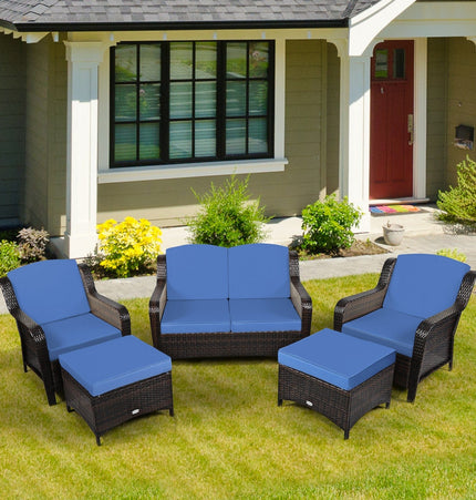 5 Pieces Patio Rattan Sofa Set with Cushion and Ottoman - Navy - Patio Furniture | Patioza