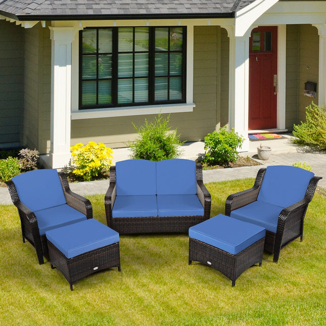 5 Pieces Patio Rattan Sofa Set with Cushion and Ottoman - Navy - Patio Furniture | Patioza