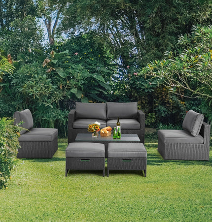 6 Pieces Patio Rattan Furniture Set with Glass Table and Cushioned Seat - Gray - Patio Furniture | Patioza