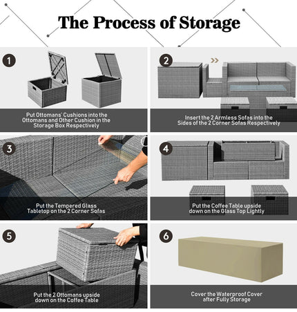 8 Pieces Patio Rattan Furniture Set with Storage Waterproof Cover and Cushion - Black - Patio Furniture | Patioza