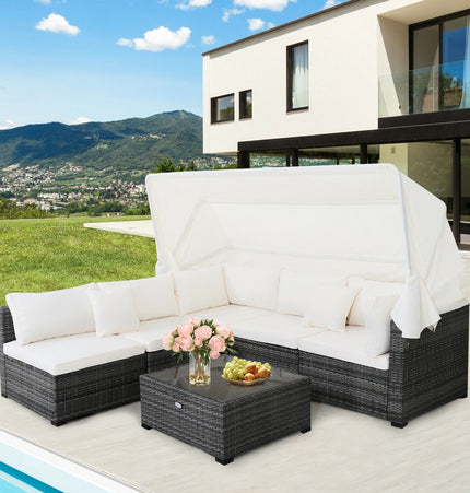 6 Pieces Patio Rattan Furniture Set with Retractable Canopy - Patio Furniture | Patioza