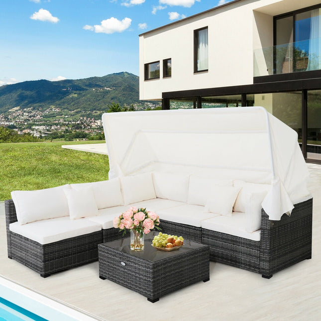 6 Pieces Patio Rattan Furniture Set with Retractable Canopy - Patio Furniture | Patioza