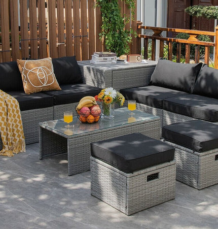 8 Pieces Patio Rattan Furniture Set with Storage Waterproof Cover and Cushion - Black - Patio Furniture | Patioza