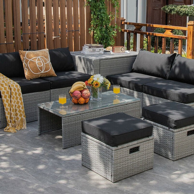8 Pieces Patio Rattan Furniture Set with Storage Waterproof Cover and Cushion - Black - Patio Furniture | Patioza