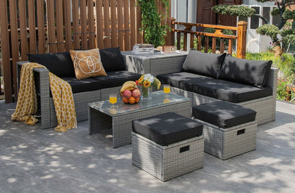 8 Pieces Patio Rattan Furniture Set with Storage Waterproof Cover and Cushion - Black - Patio Furniture | Patioza