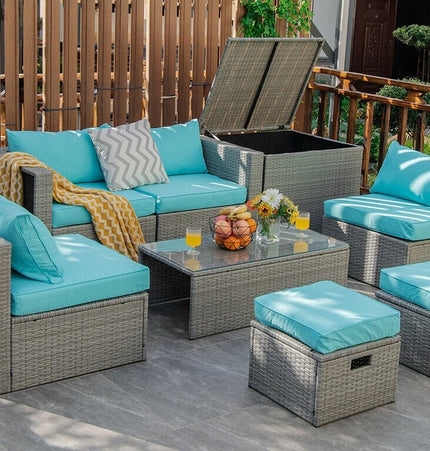 8 Pieces Patio Rattan Furniture Set with Storage Waterproof Cover and Cushion - Turquoise - Patio Furniture | Patioza