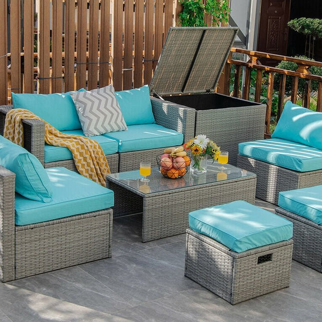 8 Pieces Patio Rattan Furniture Set with Storage Waterproof Cover and Cushion - Turquoise - Patio Furniture | Patioza