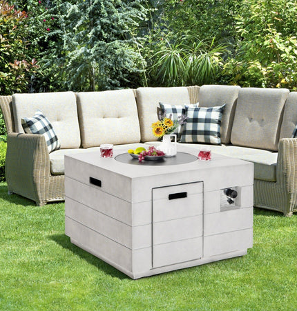 34 Inch Square Concrete Propane Fire Pit Table with Lava Rocks and Cover 50 000 BTU - Gray - Fire Pits | Patioza