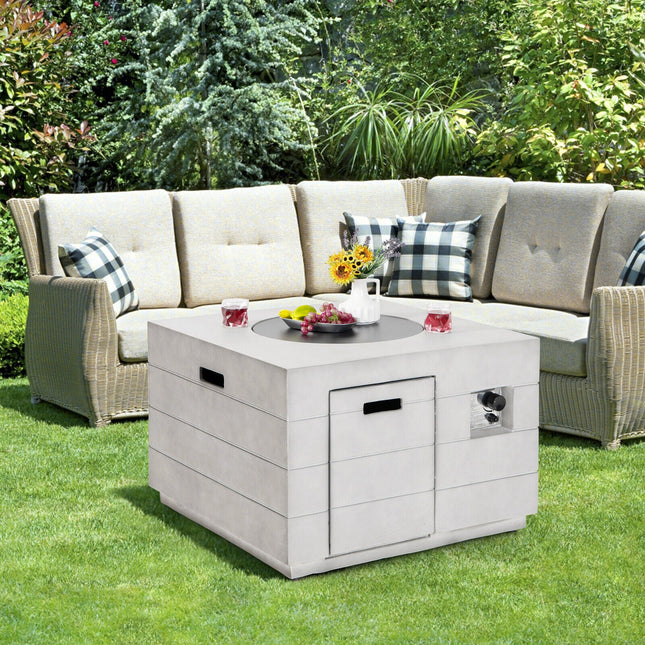 34 Inch Square Concrete Propane Fire Pit Table with Lava Rocks and Cover 50 000 BTU - Gray - Fire Pits | Patioza