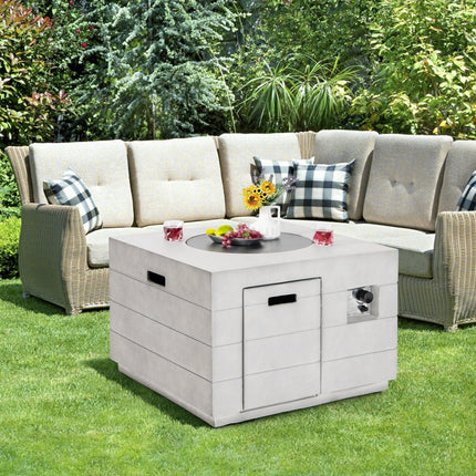 34 Inch Square Concrete Propane Fire Pit Table with Lava Rocks and Cover 50 000 BTU - Gray - Fire Pits | Patioza