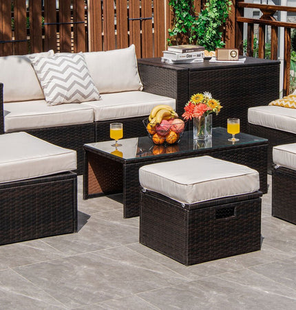 8 Pieces Patio Space - Saving Rattan Furniture Set with Storage Box and Waterproof Cover - White - Patio Furniture | Patioza