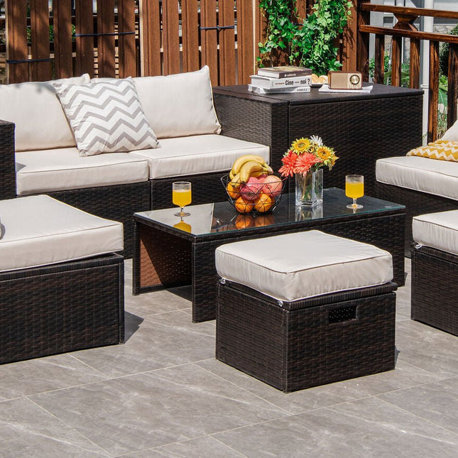 8 Pieces Patio Space - Saving Rattan Furniture Set with Storage Box and Waterproof Cover - White - Patio Furniture | Patioza