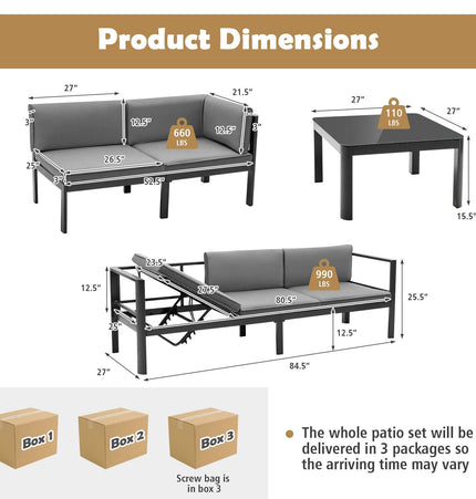 3 Pieces Aluminum Patio Furniture Set with 6 - Level Adjustable Backrest - Gray - Patio Furniture | Patioza