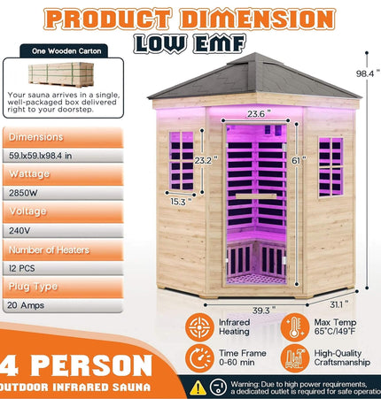 Thermora Monaco 4 - Person Low EMF Spruce Wood Outdoor Infrared Sauna With Bluetooth Speakers And LED Lights (SAK16270) - Outdoor Saunas | Patioza
