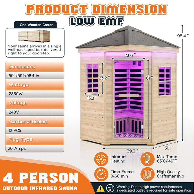 Thermora Monaco 4 - Person Low EMF Spruce Wood Outdoor Infrared Sauna With Bluetooth Speakers And LED Lights (SAK16270) - Outdoor Saunas | Patioza