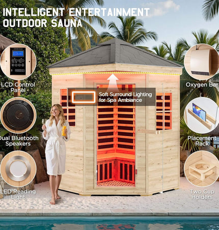 Thermora Monaco 4 - Person Low EMF Spruce Wood Outdoor Infrared Sauna With Bluetooth Speakers And LED Lights (SAK16270) - Outdoor Saunas | Patioza