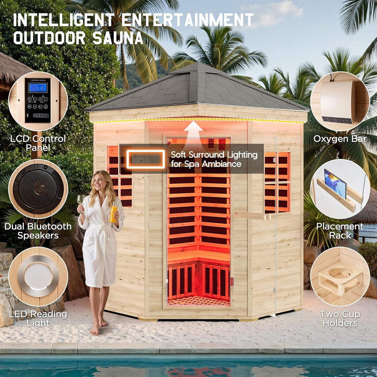 Thermora Monaco 4 - Person Low EMF Spruce Wood Outdoor Infrared Sauna With Bluetooth Speakers And LED Lights (SAK16270) - Outdoor Saunas | Patioza